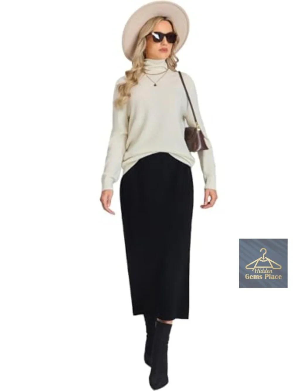 High Waist Midi Wool Knit Skirt with Slit Machine Washable
